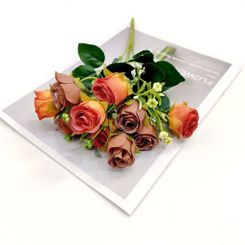 Modern Artificial Rose Bush with 10 Blooms, 12" Tall Plastic Faux Flowers for Home Decor, Weddings & Events
