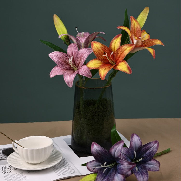 16" Single Stem Lily with 3 Blooms, Artificial Flower for Weddings, Home Decor, and Events