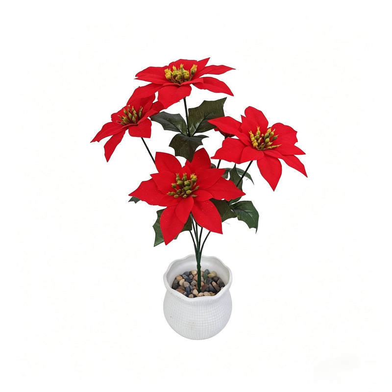 15" Artificial Poinsettia Bush with 5 Blooms, Bendable Stems for Christmas, Weddings & Home Decor
