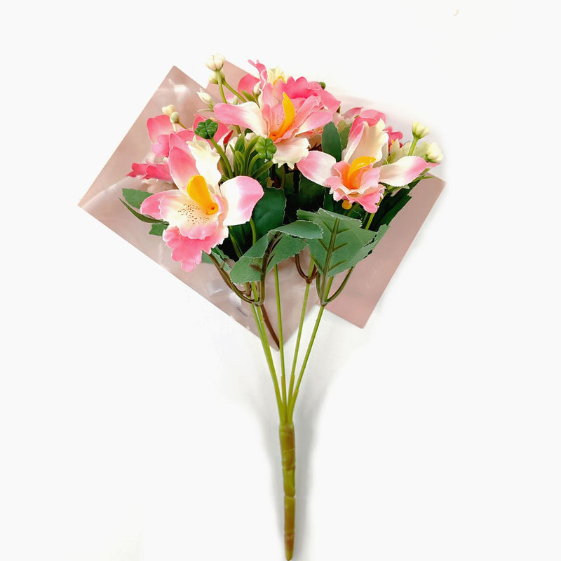 Artificial Cattleya Orchid Bush with 10 Blooms, 12" Silk-Like Floral Arrangement for Weddings, Home Decor, and Table Centerpieces
