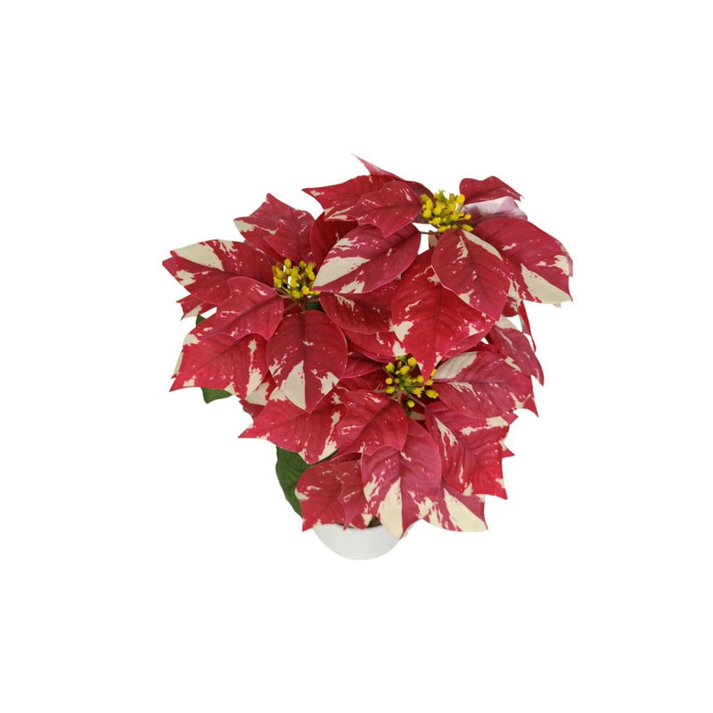 Artificial Poinsettia Bush with 9" Snowflake-Patterned Blooms, 20" Tall, Bendable Stems for Christmas & Holiday Decor