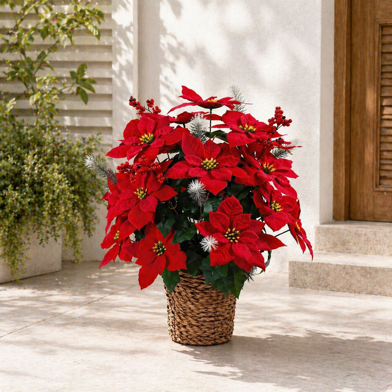 Artificial Poinsettia Bush with 36 Blooms, 14" Christmas Silk Floral Arrangement for Holiday Decor, Weddings & Events