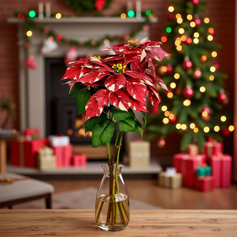 Artificial Poinsettia Bush with 9" Snowflake-Patterned Blooms, 20" Tall, Bendable Stems for Christmas & Holiday Decor