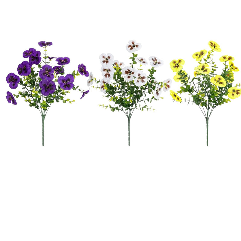 Artificial Pansy & Eucalyptus Bush, Set of 4 Faux Flower Bundles, Silk-Like Fabric, Farmhouse Home, Wedding & Outdoor Decor