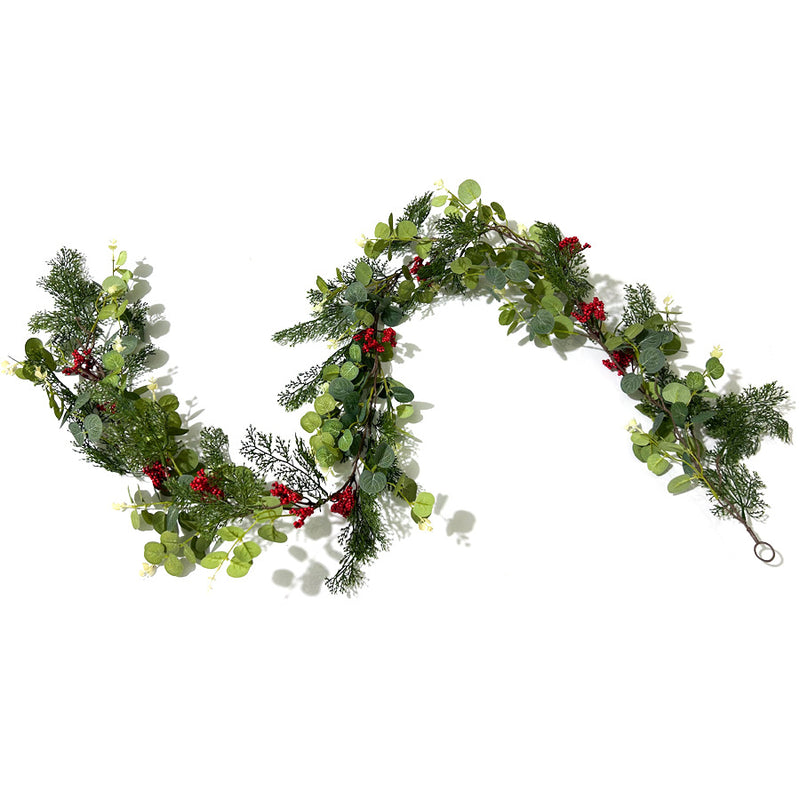 Artificial Christmas Garland Vine with Red Berries & Pine, Faux Money Leaf Greenery for Holiday Wall Decor, Mantel & Window Displays