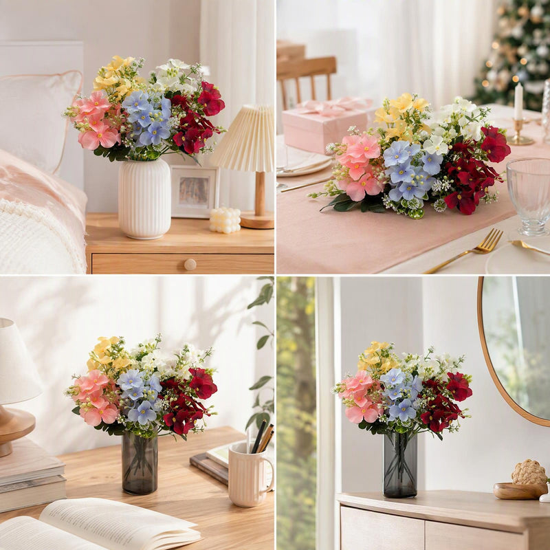 Hydrangea Bush with Pastel Blooms, Silk-Like Fabric, 14" Tall, Perfect for Home Decor, Weddings & Events