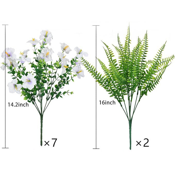 Artificial Eucalyptus & Trumpet Flower Bushes with Persian Fern, 9-Piece Set, Plastic, Rustic Indoor Outdoor Greenery