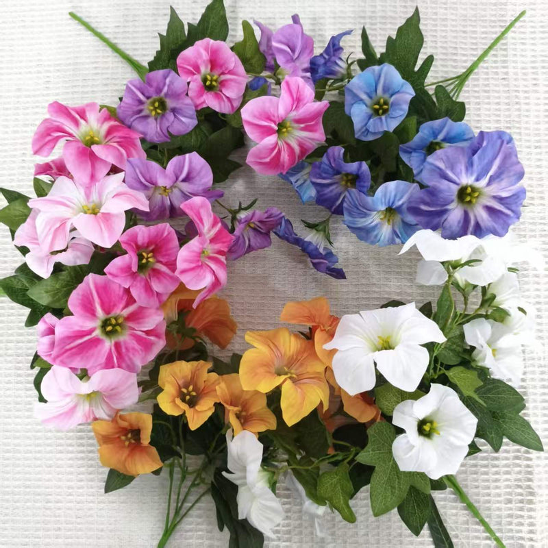Artificial Morning Glory Bush with 10 Blooms, 16" Tall Silk-Like Faux Flowers for Weddings, Home Decor & Outdoor Use
