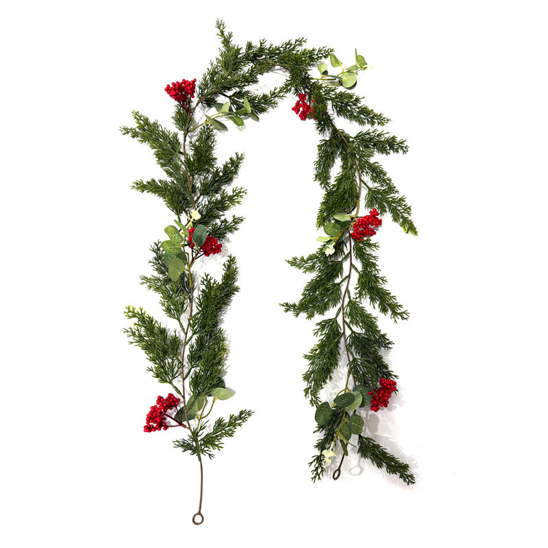 Artificial Pine Cypress Vine Garland with Red Berries & Money Leaves, Trailing Greenery for Christmas Door & Mantel Decor