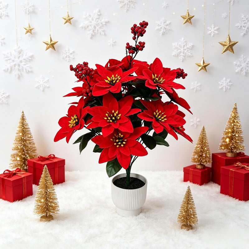 21" Faux Velvet Poinsettia Bush, Christmas Holiday Decoration, Realistic Artificial Flowers for Home, Office, Wedding & Events