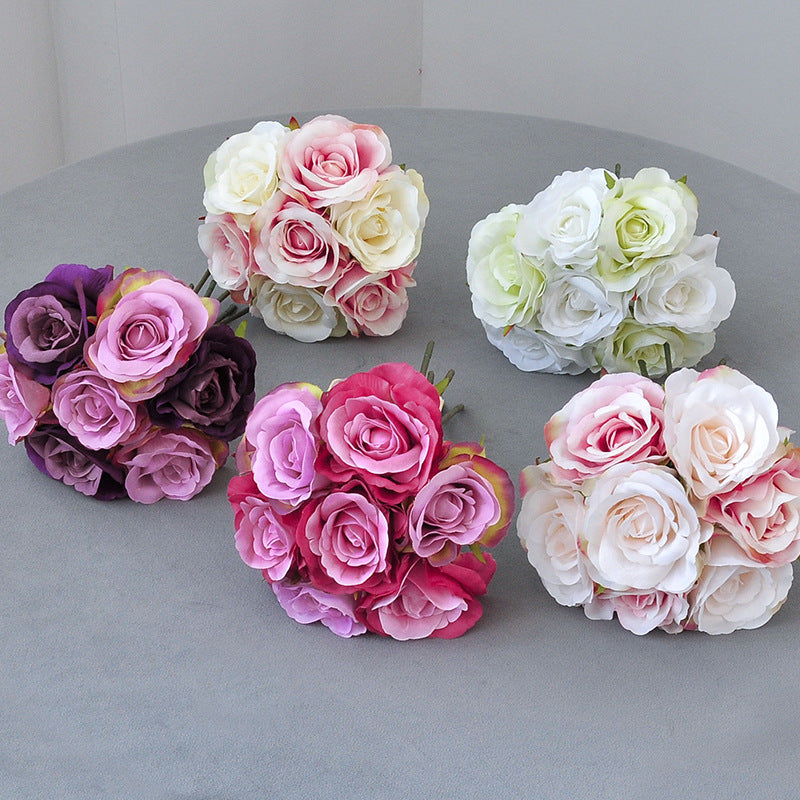 Artificial Rose Bouquet with 7 Blooms, Faux Silk Hand-Tied Bridal Bouquet, Wedding & Home Decor