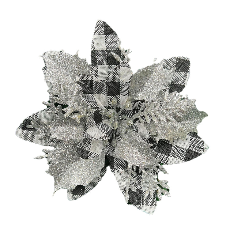 Christmas Poinsettia Floral Pick, 5.5" Red/Silver Artificial Flower Head for Holiday Decor, DIY Wreaths & Centerpieces
