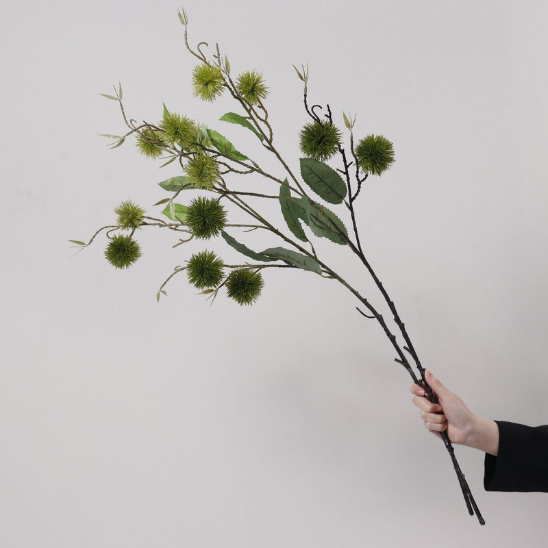 Artificial Chestnut Burr Branch, Green Autumn Spiky Fruit Bush with 7 Blooms, Plastic, Vintage Style, for Vase, Home & Wedding
