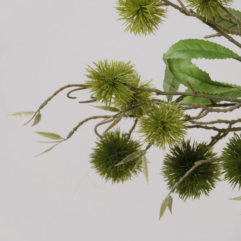 Artificial Chestnut Burr Branch, Green Autumn Spiky Fruit Bush with 7 Blooms, Plastic, Vintage Style, for Vase, Home & Wedding