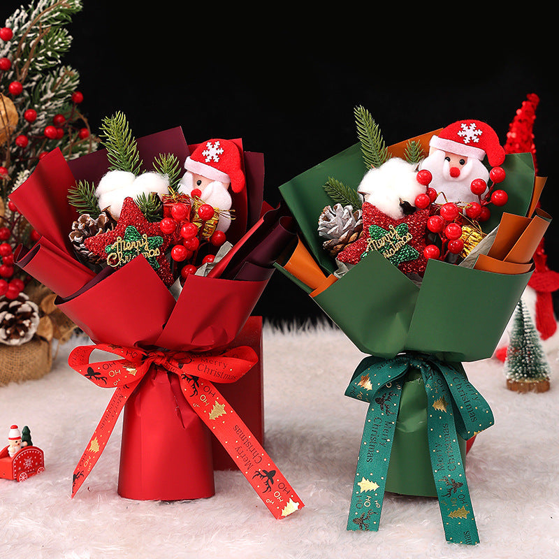 Bouquet de fleurs artificielles de Noël en vrac de 11 pouces avec poupée de Père Noël à baies rouges et étoile scintillante pour cadeaux de petite amie en gros