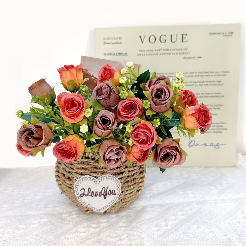 Modern Artificial Rose Bush with 10 Blooms, 12" Tall Plastic Faux Flowers for Home Decor, Weddings & Events