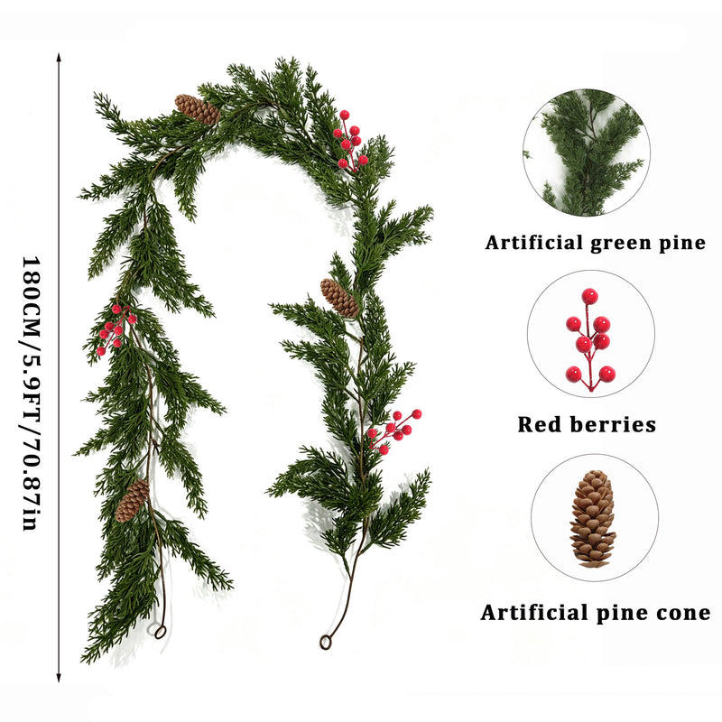 Artificial Pine Cypress Vine Garland with Red Berries & Money Leaves, Trailing Greenery for Christmas Door & Mantel Decor