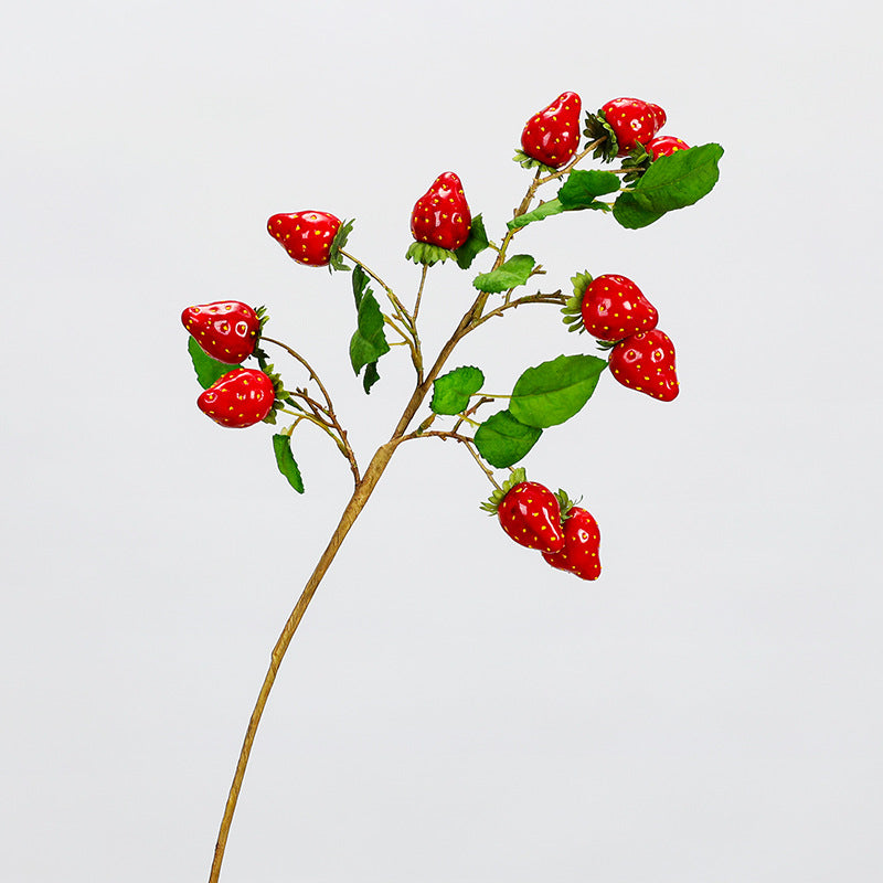 Artificial Strawberry Stem with Leaves, Single Stem with 11 Berries, 19" Long, Realistic Faux Fruit Decor for Home, Wedding & Commercial Displays
