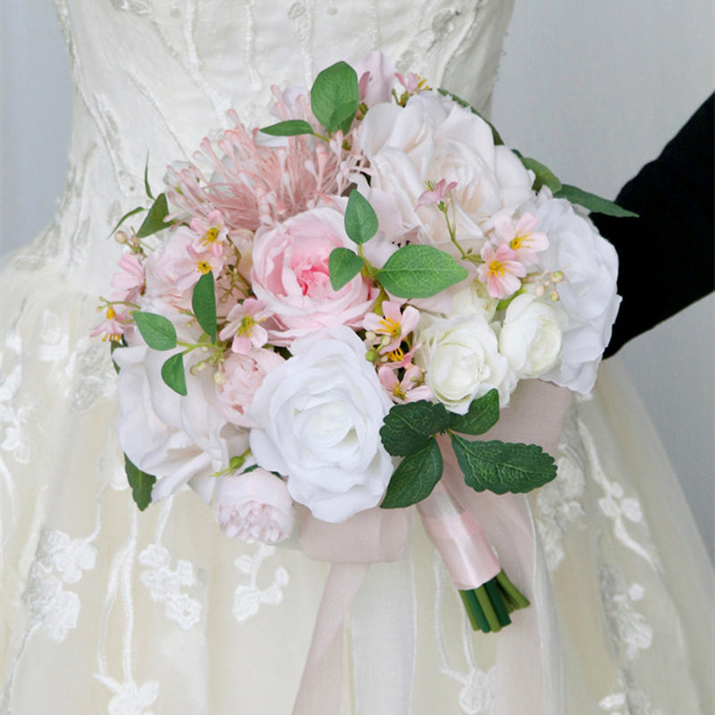 Bulk 9" Wedding Bridal Bouquets Rose Peony White and Pink Bouquet Wholesale
