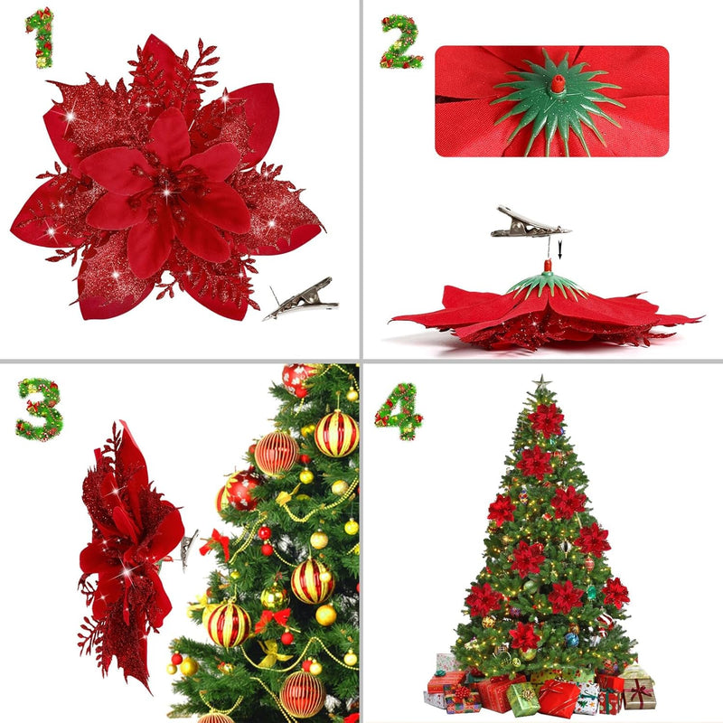 Bulk 18Pcs Poinsettia Flower Artificial Poinsettia with Clips Christmas Decorations Wholesale