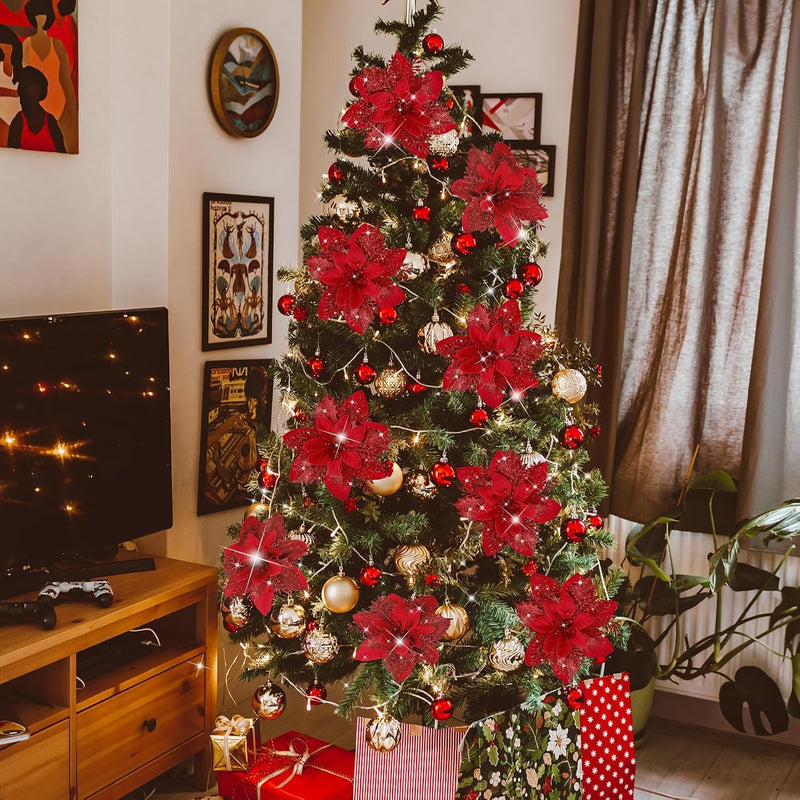 Bulk 18Pcs Poinsettia Flower Artificial Poinsettia with Clips Christmas Decorations Wholesale