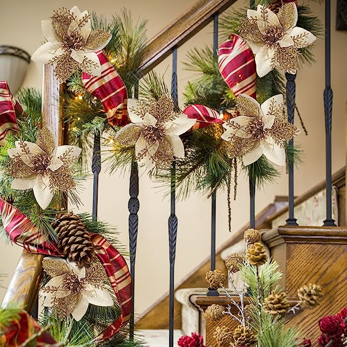 A granel 6 "poinsettias flores artificiales de Navidad flores brillantes artesanías de Navidad decoraciones para árboles al por mayor