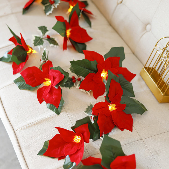 Bulk 9.8FT Pre-lit Christmas Poinsettias Led Garland String Lights Artificial Flowers Runner Wholesale