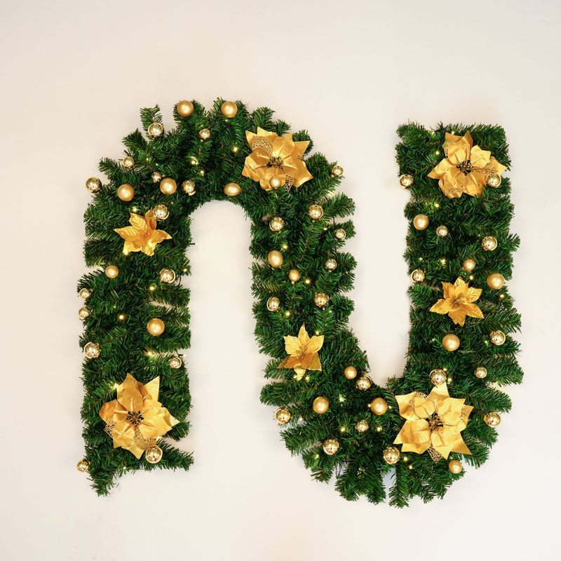 Bulk 9FT Pre-Lit Artificial Christmas Poinsettia Garland with LED Lights Wholesale