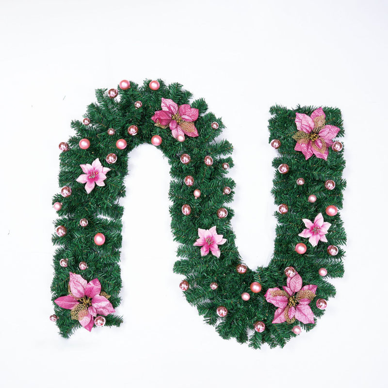 Bulk 9FT Pre-Lit Artificial Christmas Poinsettia Garland with LED Lights Wholesale