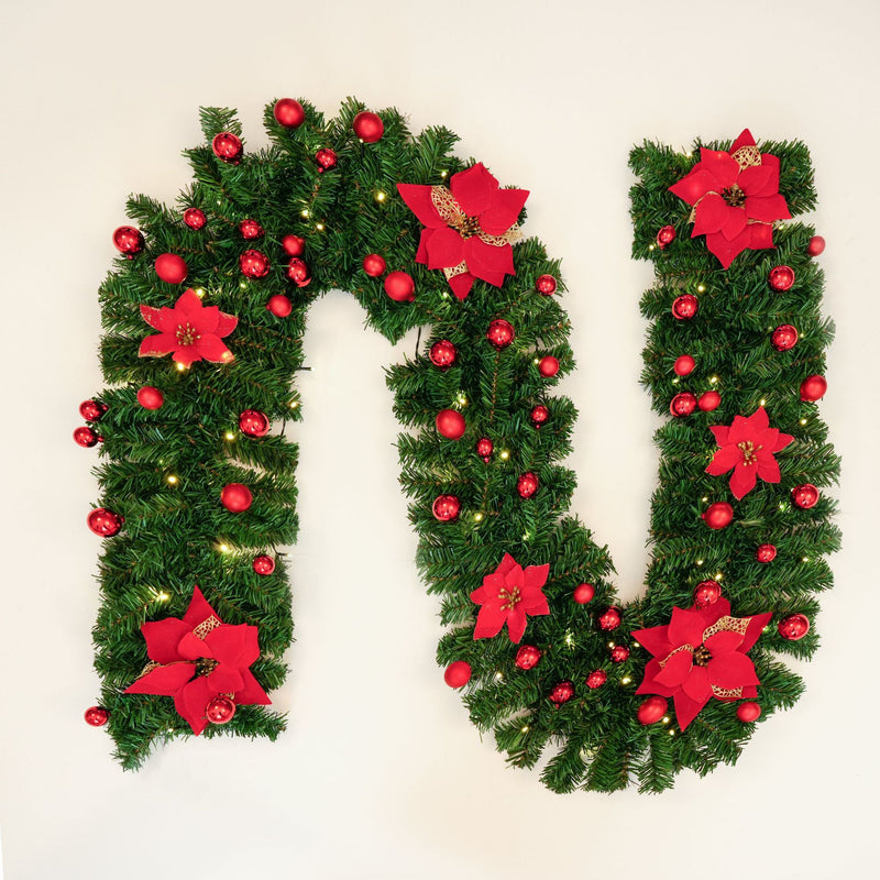 Bulk 9FT Pre-Lit Artificial Christmas Poinsettia Garland with LED Lights Wholesale