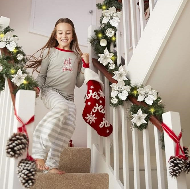 Bulk 9FT Pre-Lit Artificial Christmas Poinsettia Garland with LED Lights Wholesale