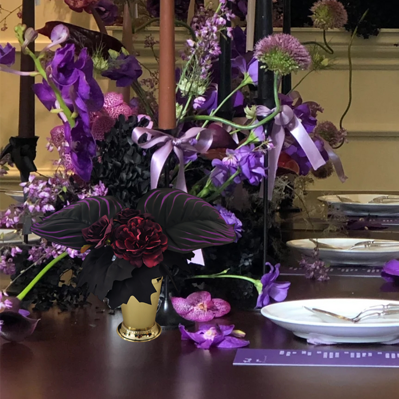 Bulk 8" Pre-Made Halloween Artificial Flower Arrangement – Black Purple Burgundy Blooms & Leaves in Elegant Golden Vase