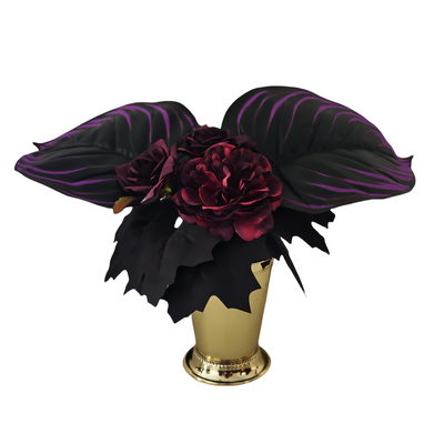 Bulk 8" Pre-Made Halloween Artificial Flower Arrangement – Black Purple Burgundy Blooms & Leaves in Elegant Golden Vase