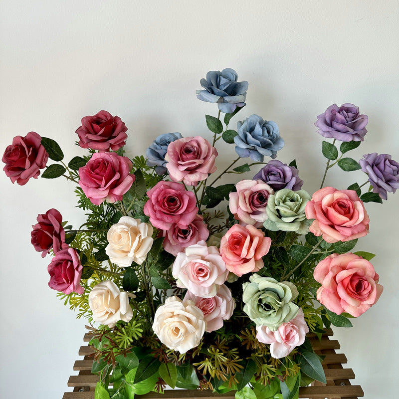 Tiges de gerbe de roses poussiéreuses de la princesse Diana en vrac, fleurs artificielles en soie, vente en gros, 25"