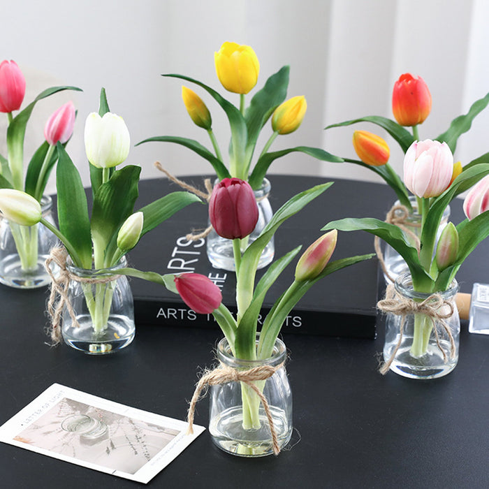 Bulk 8" Real Touch Tulips Artificial Flowers in Vase with Faux Water for Table Wholesale