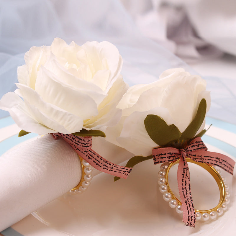 Bulk Set of 12pcs Handmade Rose Napkin Rings with Pearls Buckles Wholesale
