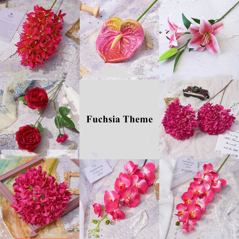 Colección de decoración de flores rosa fucsia a granel flores de seda artificiales al por mayor 