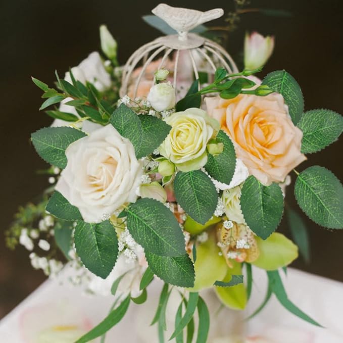 Hojas verdes artificiales 15 piezas de seda verde a granel hojas de flores rosas falsas 