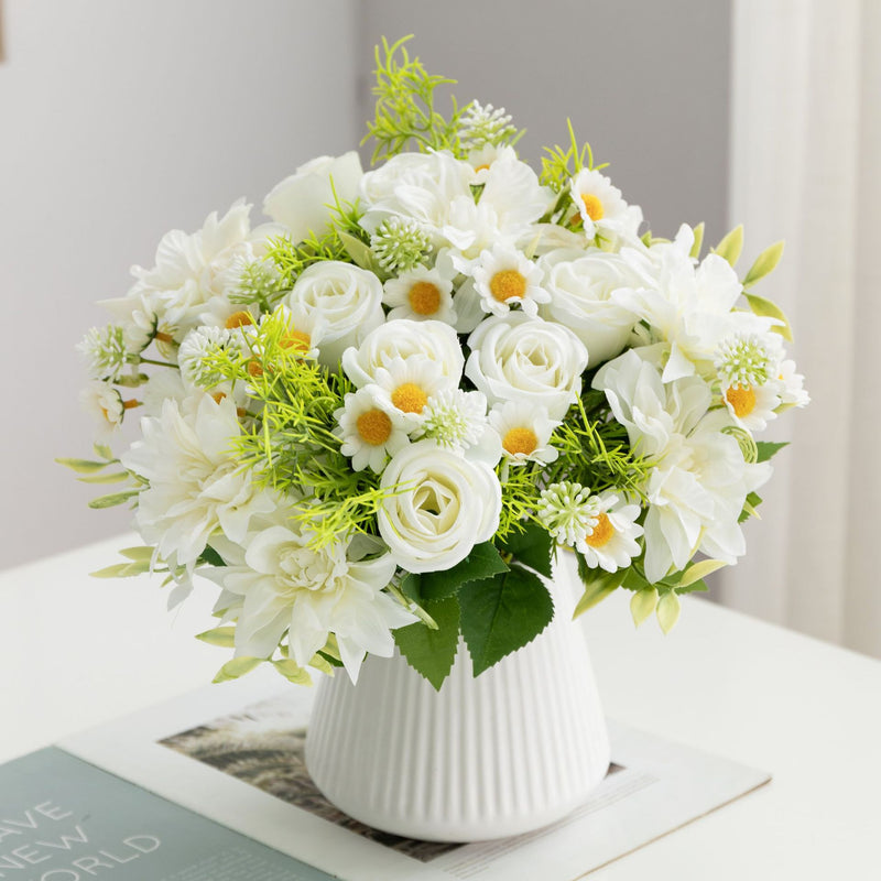 Bulk 13" Small Rose Bush Mixed with Daisy Dahlia Silk Flowers for Crafts Wholesale