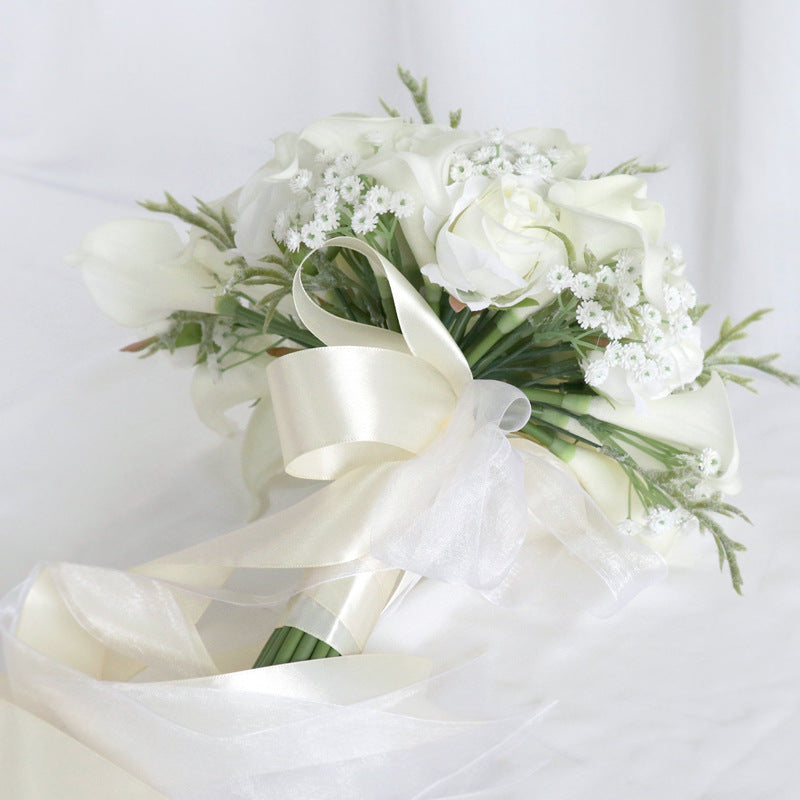 Bulk 10" White Rose And Calla Lily Cascading Bridal Bouquet With Babys Breath Wholesale