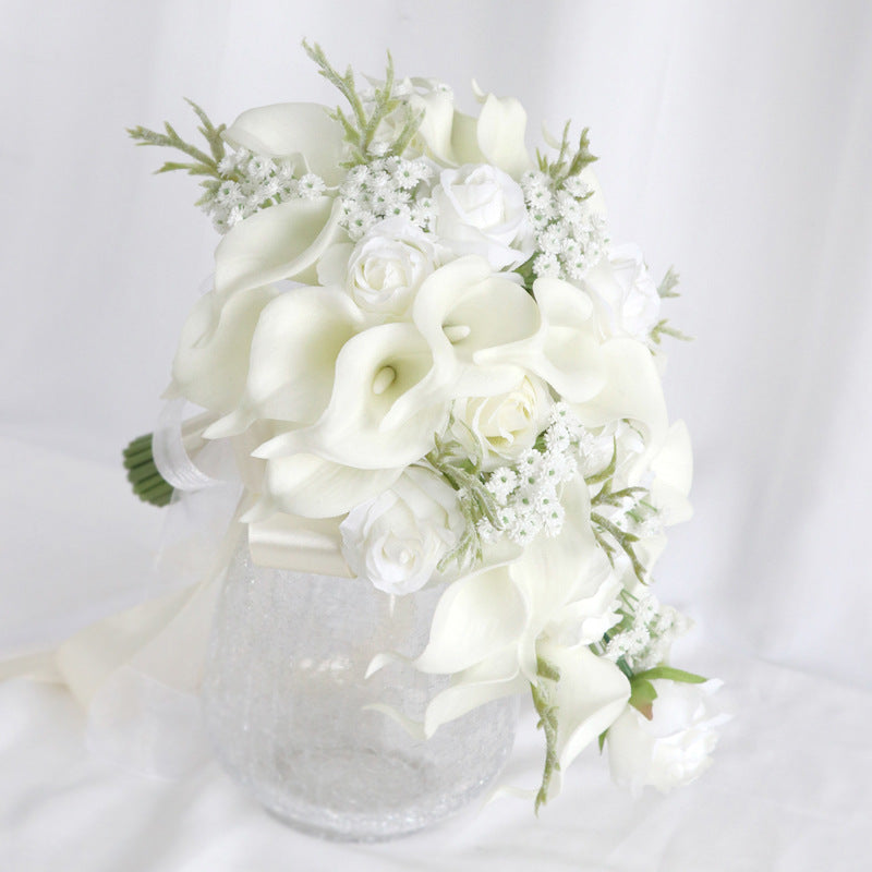 calla lily white rose bouquet Bulk 10" White Rose And Calla Lily Cascading Bridal Bouquet With Babys Breath Wholesale