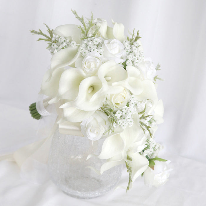 Bulk Wedding Small White Rose And Calla Lily Cascading Bridal Bouquet With Babys Breath Wholesale