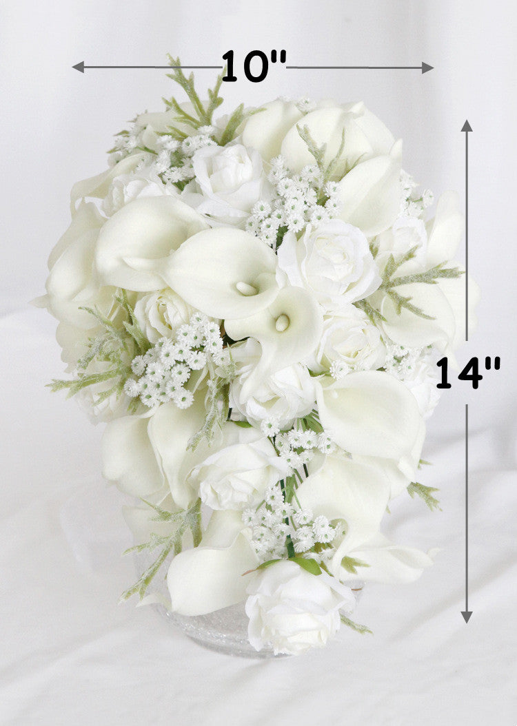 lily and white rose bouquet Bulk 10" White Rose And Calla Lily Cascading Bridal Bouquet With Babys — Artificialmerch