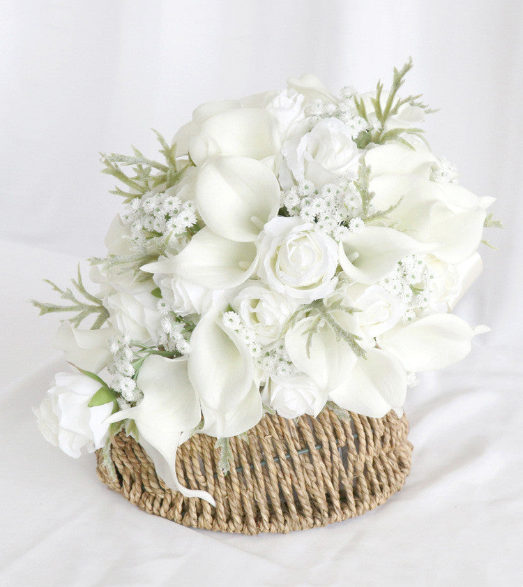 Bulk 10" White Rose And Calla Lily Cascading Bridal Bouquet With Babys Breath Wholesale