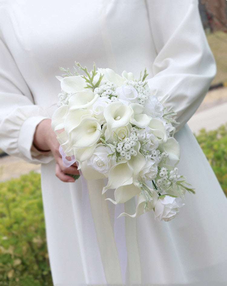 Bulk 10" White Rose And Calla Lily Cascading Bridal Bouquet With Babys Breath Wholesale