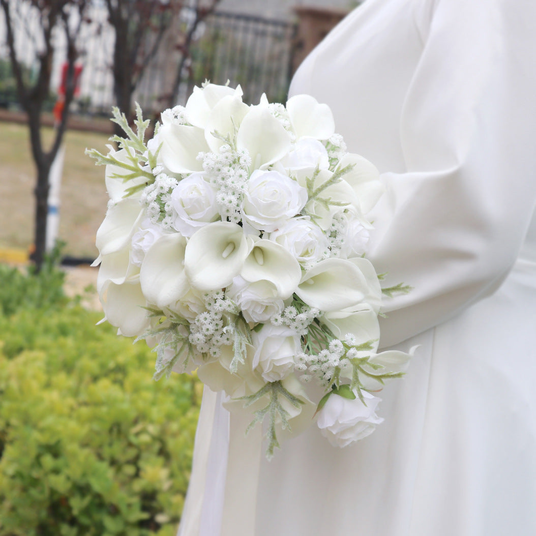 lily and white rose bouquet Bulk 10" White Rose And Calla Lily Cascading Bridal Bouquet With Babys Breath Wholesale