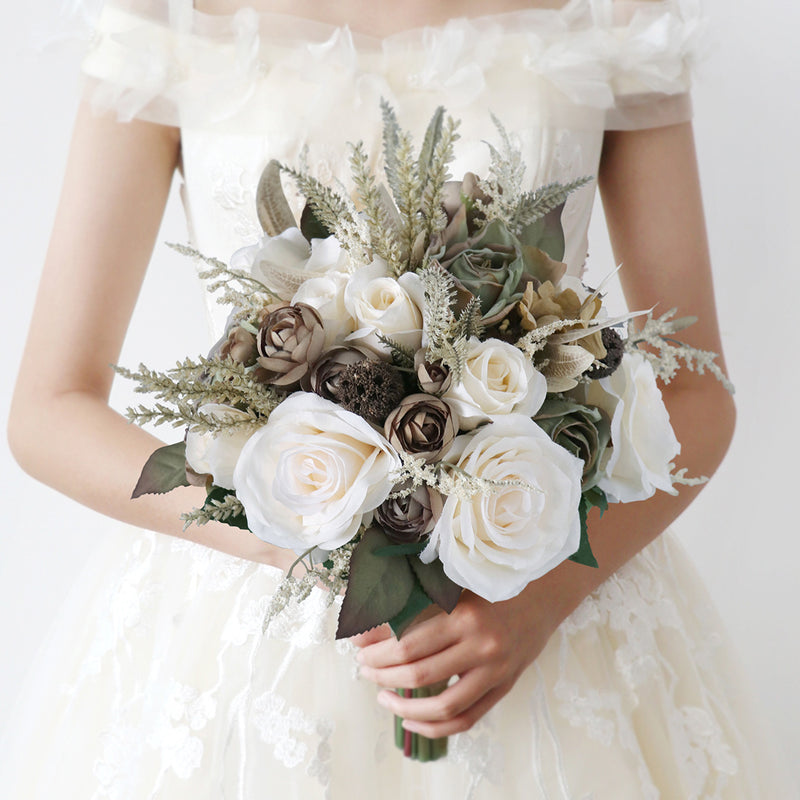 Bulk 9" Beige Vintage French Bridal Bouquets Rose Wedding Bouquets Wholesale