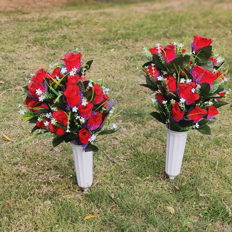 Bulk Set of 2 Artificial Flowers Bouquet Grave Memorial Flowers with Vase Wholesale