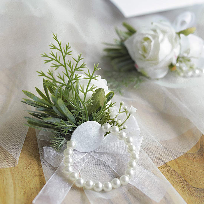 Bulk Set of 6 Ivory Rose Wrist Corsage Wristlet Band Bracelet for Women Bride Bridesmaid White Wedding Prom Wholesale