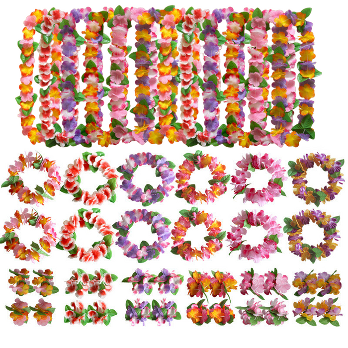 Bulk 4Pcs Hawaiian Leis Flowers Necklaces Headbands and Wristbands for Beach Party Wholesale